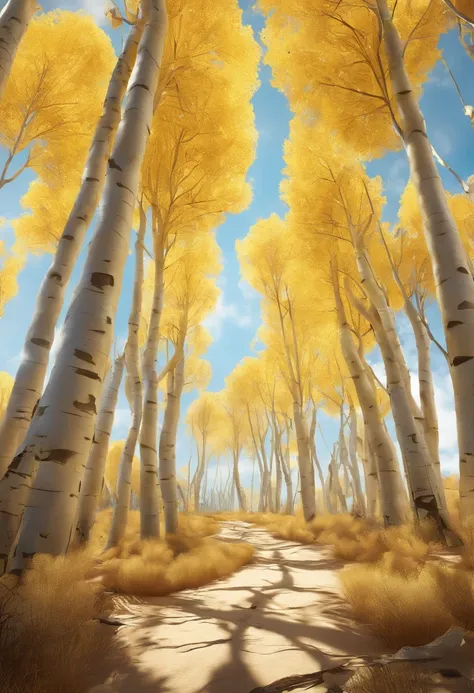 Magazine illustration，((In the desert))，Patches of yellow-yellow poplar forests，A few tall ones(((Golden poplar tree：1.5)))，Poplar tree，Fallen leaves on the ground，k hd，Sony SLR lens，Master masterpieces，Cinematic lighting lighting，extreme hight detail