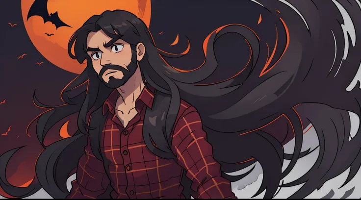 solo Man with long black flowing hair and a short black beard. wearing a red plaid shirt. horror, haunted, halloween, dark, demon