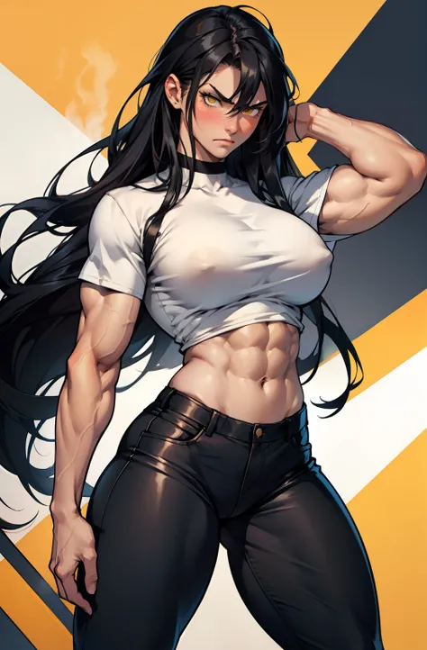 1girl, extremely long hair, solo, ((muscular)), veins, black hair, yellow eyes, blushing, thick thighs, pale skin, strong, veins, abs, big thighs, huge breasts, navel, standing, angry, tight pants, tight shirt