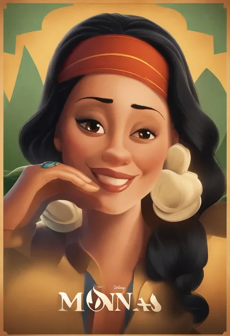 Crie um personagem estilo poster de filme da Disney e pixar. The character is a woman who appears to be happy. Ela aparenta ter 30 anos. O script deve estar escrito "Monica".She is a woman with long dark hair and fair skin. Shes in an office working in a w...