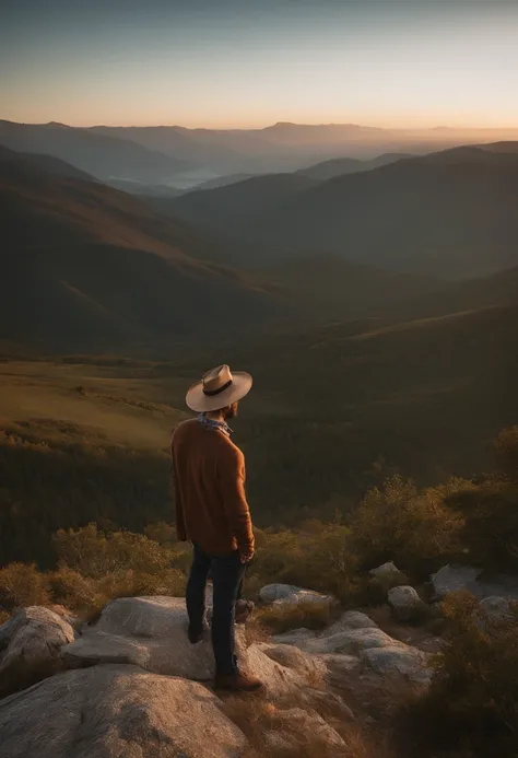 Theres a handsome man with medium brown hair, With hat and standing on a mountain, montanhas no fundo, com montanhas ao fundo, montanhas no fundo, em frente a uma montanha, No topo da montanha, No topo da montanha, vestindo camisa, pants, bota, Personagem ...