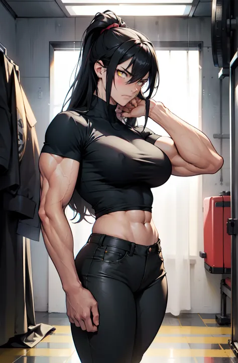 1girl, extremely long hair, solo, ((muscular)), veins, black hair, yellow eyes, blushing, thick thighs, pale skin, strong, veins, abs, big thighs, huge breasts, navel, standing, angry, tight pants, tight shirt