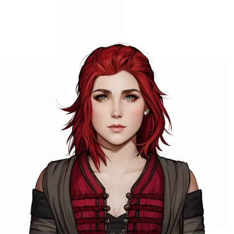 um close up de uma mulher com uma roupa de aventureira vermelho e um cabelo vermelho, fantasy rpg symmetrical portrait, Retrato do personagem Baldurs Gate, retrato detalhado do caractere, retrato de rpg, retrato do livro do RPG, d & d retrato do caractere,...