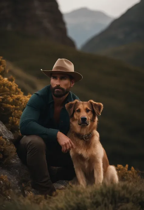 Theres a handsome 35-year-old man, with medium brown hair, com barba, With hat and standing on a mountain, montanhas no fundo, com montanhas ao fundo, montanhas no fundo, em frente a uma montanha, No topo da montanha, No topo da montanha, vestindo camisa, ...