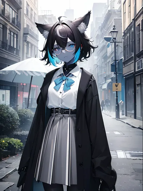 (masterpiece,best quality,ultra-detailed),1girl,black hair,short hair,messy hair,wolf ears,(half color hair,black and white hair),glasses,(((coloured skin,pale blue skin))),striped black skirt, white blouse,((grey theme)),((pastel colours theme)),in the pa...