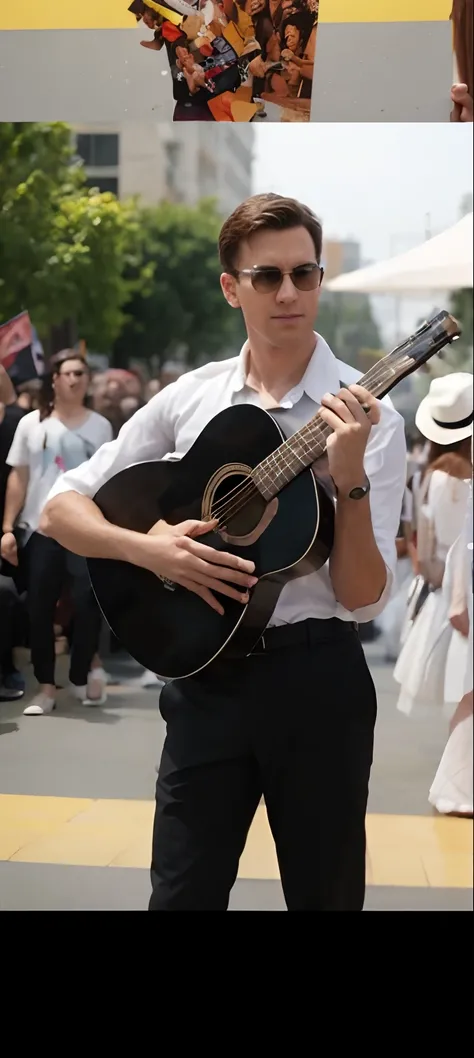 Pixar-style poster, A man holding a guitar,  with white dress shirt and black dress pants, In the background a crowd