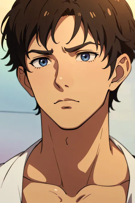 A close-up of a handsome 20-year-old male  with short brown hair, serious  facial expression, and beautiful big eyes, full-color, Makoto Shinkai style