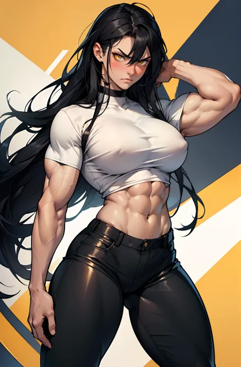 1girl, extremely long hair, solo, ((muscular)), veins, black hair, yellow eyes, blushing, thick thighs, pale skin, strong, veins, abs, big thighs, huge breasts, navel, standing, angry, tight pants, tight shirt