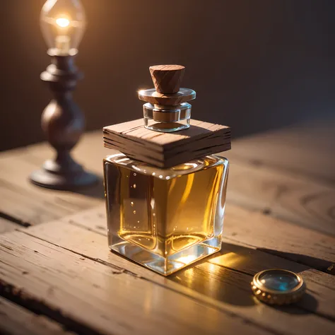 Glass perfume bottle on wooden table,  Professional photography, Cinematic lighting, Intricate details, Ultra photo realsisim, Realistic texture, Landscape background with complementary colors, Details