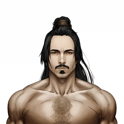 um close up de uma homem sem camisa e um cabelo preto, fantasy rpg symmetrical portrait, Retrato do personagem Baldurs Gate, retrato detalhado do caractere, retrato de rpg, retrato do livro do RPG, d & d retrato do caractere, Retrato de um personagem DND, ...