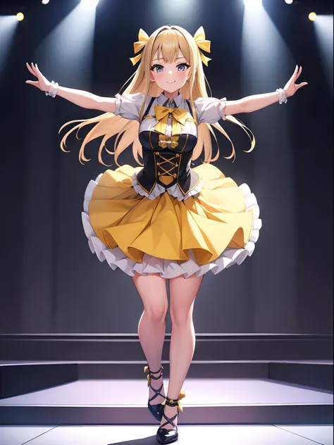 1girl, masterpiece, best quality, idol singer, grey eyes, blonde hair, frills, pleaded skirt, shoes, smile, cute face, stage, stage lights, cowboy shot, full body shot, solo, single, yellow bow, cheerful pose