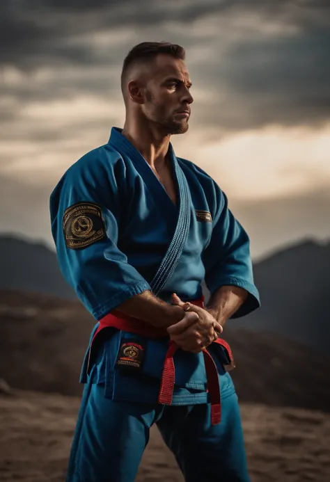 homem em frente a uma gigantesca montanha ao fundo, with arms crossed, Man in combat position, Quimono de jiu-jitsu, 8k, hyper realista, detalhado.