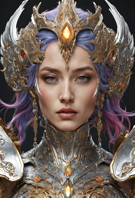 (((of the highest quality))),(unparalleled masterpiece ever),超A high resolution,(Photorealsitic),Surreal photos of stunning beautiful cyborg women, rainbow hair, huge-breasted, (Beauty and detailed armor), Accept, Delicate White Platinum Filigree, intricat...