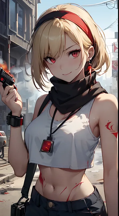 top-quality、Top image quality、​masterpiece、girl with((18year old、Blue navel tank top、Military pants、Best Bust、Bust 90、Blonde Away Tail、Red Eyes、open chest wide、Valley、Happiness、A slender、ssmile、black bandana、Holding a revolver in your right hand,Earphone j...