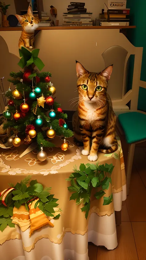 Theres a cat sitting on a table with a Christmas tree, cat on the table in front of her, gato na mesa, Directed by: Nandor Soldier, Directed by: Maksimilijan Vanka, na mesa da cozinha, with a tree in the background, fotografia, um bonito, Um gato, there is...