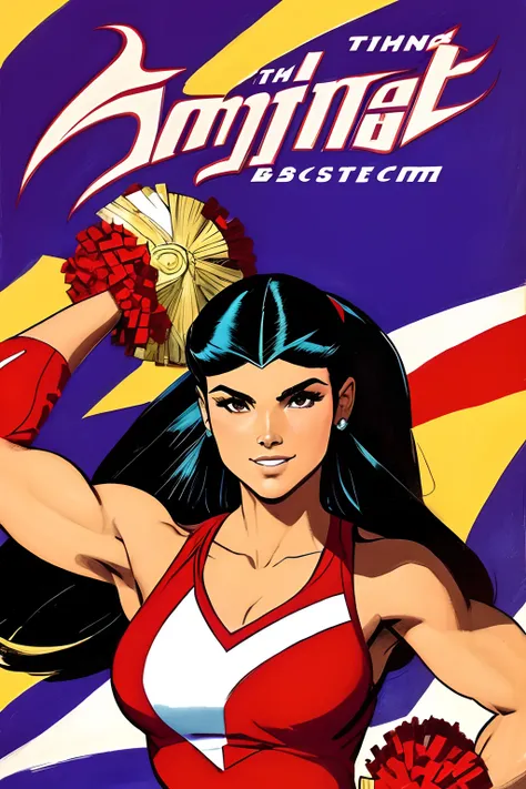 art inspired by John Buscemas stroke, A beautiful college cheerleader with long black hair, radiante e alegre, pronta para torcer pelo seu time no campeonato.