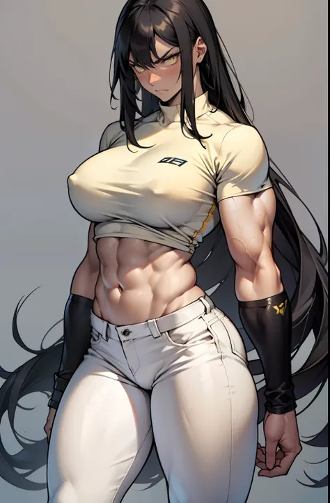 1girl, extremely long hair, solo, ((muscular)), veins, black hair, yellow eyes, blushing, thick thighs, pale skin, strong, veins, abs, big thighs, huge breasts, navel, standing, angry, tight pants, tight shirt