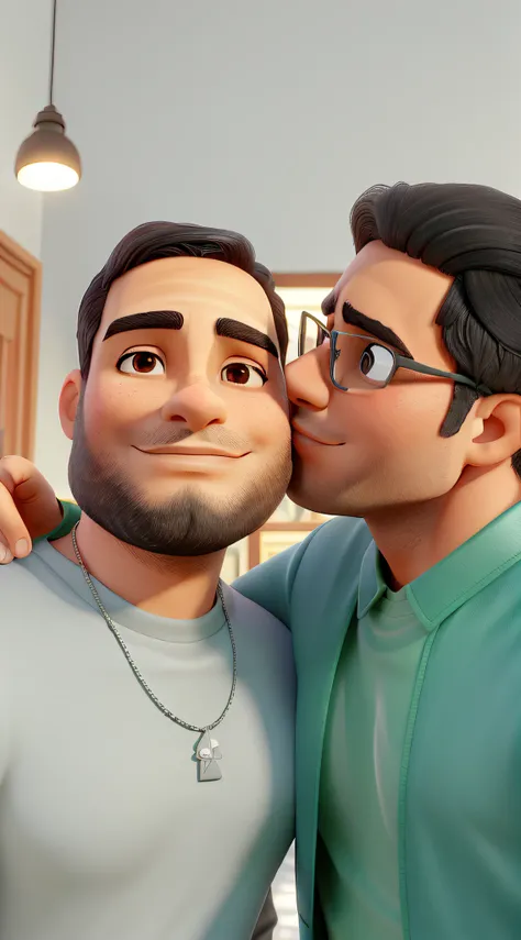 dois homens (o da esquerda tem a pele branca e o da direita tem a pele muito morena). The man on the right is kissing the face, e de olhos fechados, do homem da esquerda. foto no estilo disney e com excelente qualidade