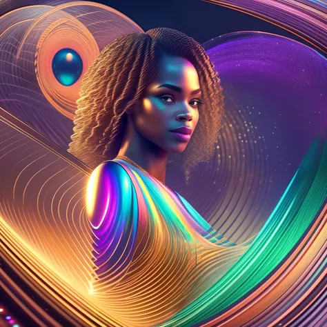 Electronic waves  in shape of a black woman floating inside a computer system, interior of a computer system with waves in shape of a woman, chips and digital codes floating around her, with bright and vibrant golden sparkling light,  with beautiful irides...