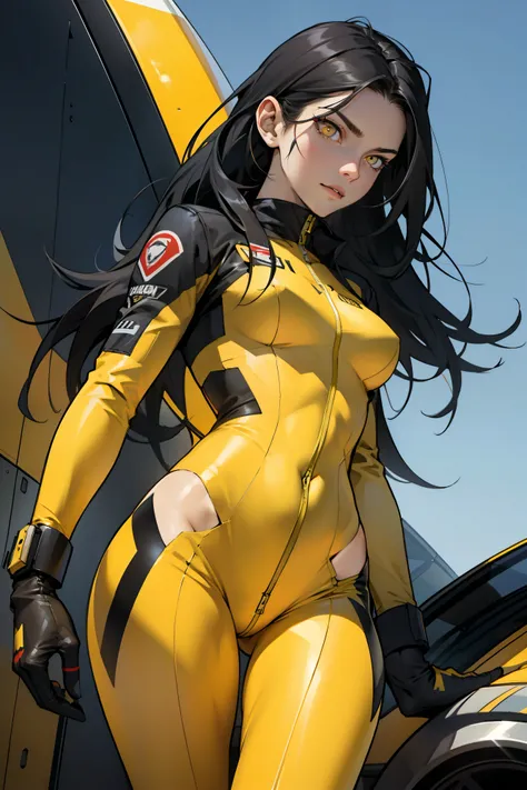 1 girl, black hair, yellow eyes, very long hair, pale skin, fit body, slender body, slim waist, large breasts, (confident expression), pilot suit, thigh gap