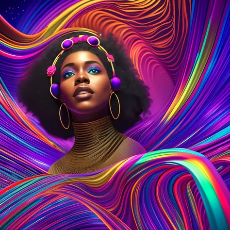 Electronic waves  in shape of a black woman floating inside a computer system, interior of a computer system with waves in shape of a woman, chips and digital codes floating around her, with bright and vibrant golden sparkling light,  with beautiful irides...