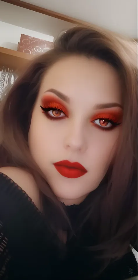 Theres a woman with red lipstick and a black nightgown, olhos vermelhos brilhantes e ardentes, olhos vermelhos ardentes e escaldantes, olhos totalmente vermelhos, Olhos vermelhos brilhantes lacrimejantes intensos, evil look, olhos vermelhos brilhantes, olh...