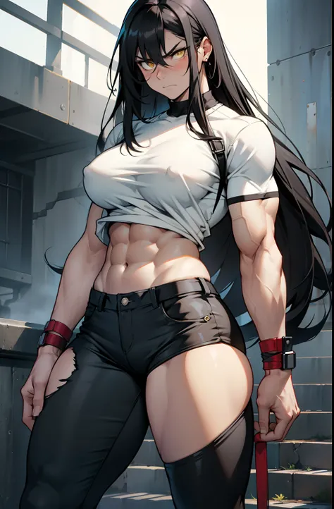 1girl, extremely long hair, solo, ((muscular)), veins, black hair, yellow eyes, blushing, thick thighs, pale skin, strong, veins, abs, big thighs, huge breasts, navel, standing, angry, tight pants, tight shirt