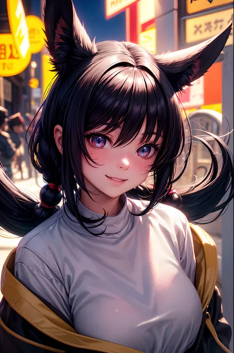 black hair, hair bobbles, wince, longeyelashes, solid circle eyes, fake animal ears, light smile, ear blush, fang, Surrealism, drop shadow, anaglyph, stereogram, tachi-e, pov, atmospheric perspective, 8k, super detail, ccurate, best quality