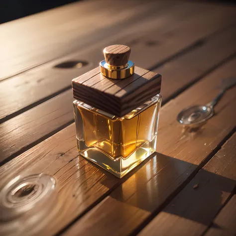 Glass perfume bottle on wooden table,  Professional photography, Cinematic lighting, Intricate details, Ultra photo realsisim, Realistic texture, Landscape background with complementary colors, Details