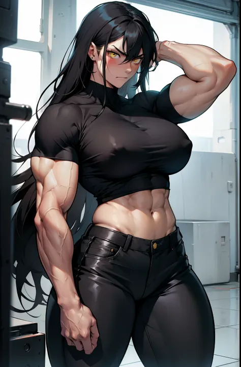 1girl, extremely long hair, solo, ((muscular)), veins, black hair, yellow eyes, blushing, thick thighs, pale skin, strong, veins, abs, big thighs, huge breasts, navel, standing, angry, tight pants, tight shirt