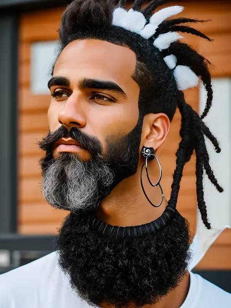 Create rocker a black athletic black bald black beard, With scratch hoop earrings on eyebrow serious look