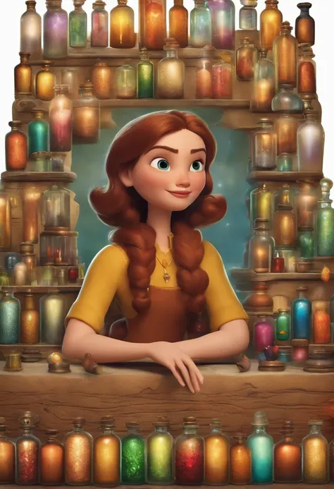 A collector of ideas inspired by Pixar animation, de perto. She is surrounded by a collection of magic vials, each containing a unique idea. The focus is on the character, with a captivating facial expression, Against a backdrop of shimmering, cores eferve...