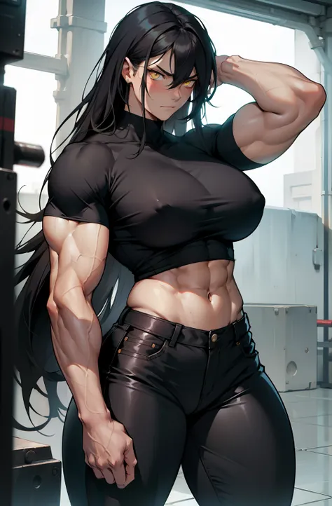 1girl, extremely long hair, solo, ((muscular)), veins, black hair, yellow eyes, blushing, thick thighs, pale skin, strong, veins, abs, big thighs, huge breasts, navel, standing, angry, tight pants, tight shirt