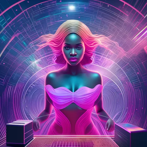 electronic waves  in shape of a black woman floating inside a computer system, interior of a computer system with waves in shape...