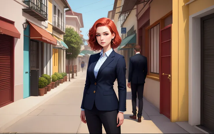 Imagem de excelente qualidade de Uma mulher jovem, ruiva de cabelos longos, vestida em um blazer, com o nome "advogada" na roupa, no estilo Disney Pixar.