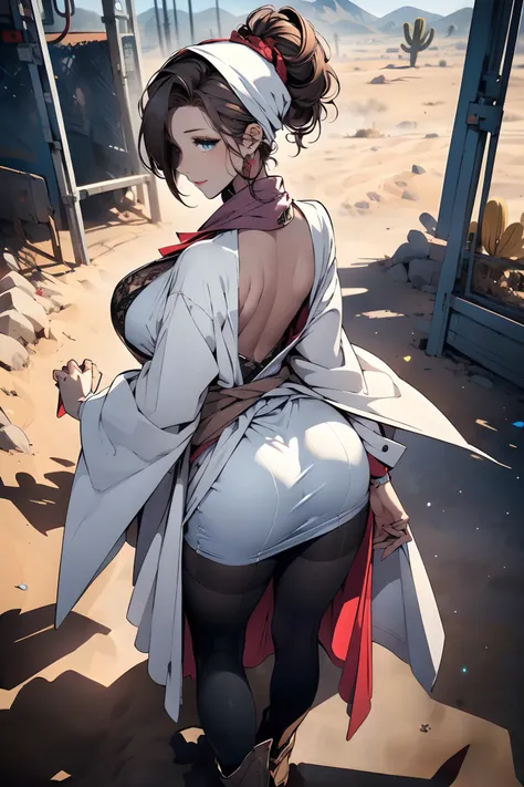 a matured woman with long black hair and a white outfit, ((in a desert:1.5)), (resting in oasis:1.2, near lakeside:1.2, cross-legged:1.1), Arabic, (Post apocalyptic:1.0), from arknights, artwork in the style of guweiz, bodyesbian, fine details. girls front...