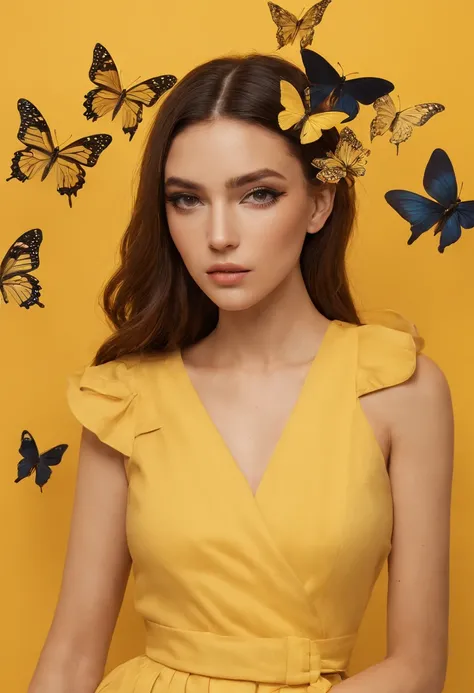 araffe woman in yellow dress standing in front of a wall with butterflies, a portrait inspired by national geographic, pexels contest winner, street art, yellow butterflies, butterflies, yellow clothes, butterfly, fine art fashion photography, harmony of b...