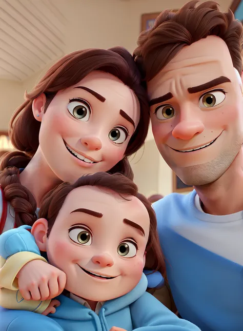 A man and a woman holding a baby in Disney pixar style