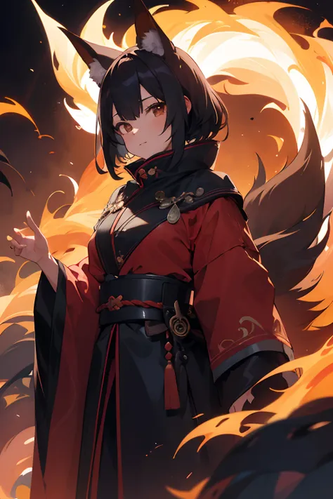 1girl,solamente,, Arte Oficial, Unidad 8K Fondo de pantalla, Ultra detallado, beautiful and aesthetic, Beautiful, Obra maestra, La mejor calidad,, Bruja Kitsune, fox mask, Chaqueta Haori, hechizo de fuego de zorro, zorro familiar, transformation,