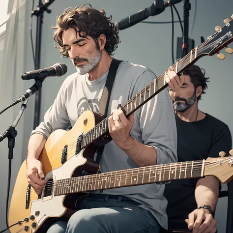 Create an image 40 year old man with gray beard, curly hair, brunette, playing guitar