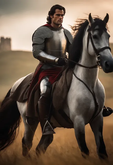 Henrique Cavill, as a Knight Templar, forte medieval no fundo, cabelos longos, andar a cavalo, long sword in hand, a beautiful half-naked maiden behind him, no campo de batalha