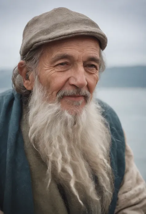 Old fisherman, professional color grading, ombres douces, Pas de contraste, Net net sharpness, Photographie argentique heureux souriant