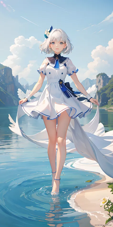 Top Quality, Full Body, High Quality Texture, Fine-grained, Realistic Expression of Face, Detailed Skin, Anime, Girl, Gentle Eyes, Sexy, Mixed, Model, Illustration, Portrait, Bust Up, WS, Semi-Real, Princess, Dress, White Dress, Mini Skirt, Fair Skin, Wind...