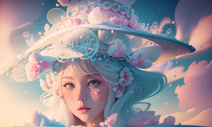 girl riding on top of a fat giant extremely fluffy cute white bunny, fantasy, 8k resolution, old time photographs faded and scratched, white riding boots, beautiful face large blue eyes, pink lips,  large white wide brim hat,  long white flowing riding dre...