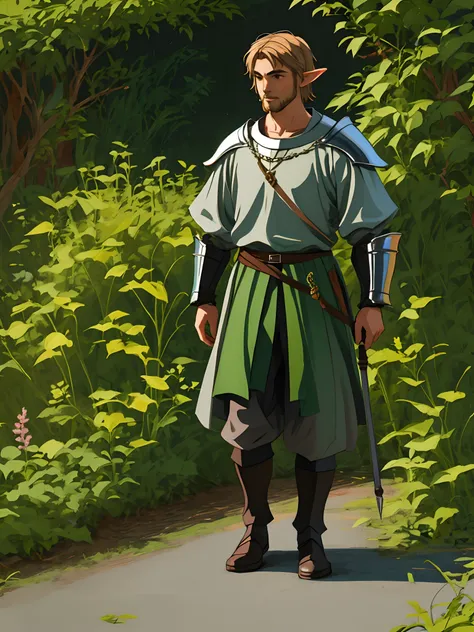 Ordinary man with full body view with a short beard neatly trimmed short hair wielding plants in a medieval fantasy world wearing herbs on him and elven armor