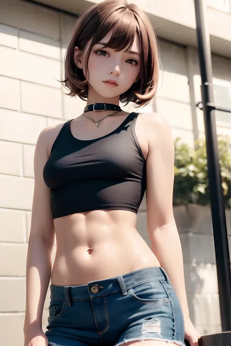 ((medium breast, tomboy girls, small head)), daylight, sunlight, (chiseled abs : 1.1), (perfect body : 1.1), (short wavy hair : 1.2) , auburn hair, collar, chain, full body shot, crowded street, wearing black tanktop, jeans jacket, ((shorts)), (extremely d...