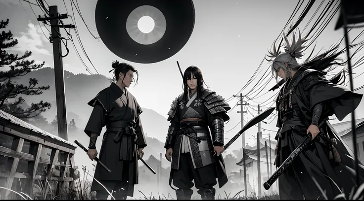 1 samurai, Ronin, com espadas, poses com espadas, Caminhando em um campo de arroz, Noite com raios, estilo Akira Kurosawa, altamente detalhado, alta resolução, cinemactic, Various details in the scenario, Era feudal japonesa, Japanese Empire, imagem em pre...