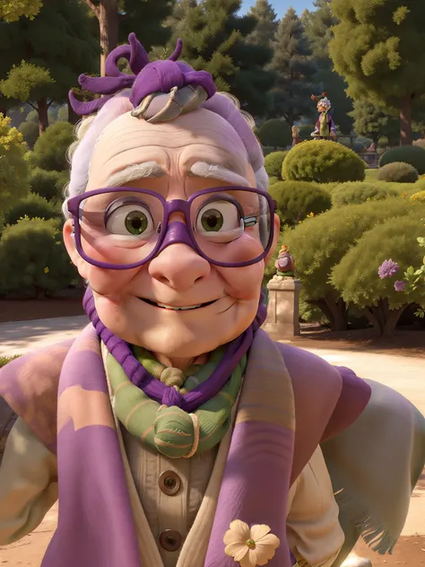 masterpiece, best quality, an old woman with glasses and a scarf on, wearing a purple coat and green scarf, standing at the park