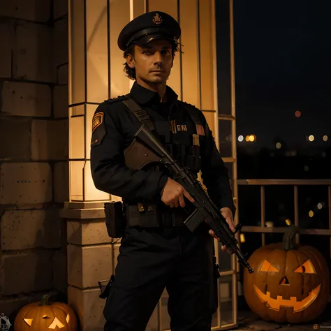 8k , Artwork, Realstic, French soldier,special force, firearm, arme de maintien, fusil FAMAS, halloween, Threatening Disguise,Eiffel Tower decorations, citrouille halloween, tour Eiffel citrouille