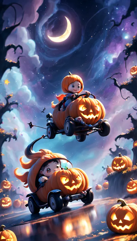 halloween、pumpkin cars、pumpkins、a pumpkin carriage moving through space、cosmic space、warp navigation、long exposure time、